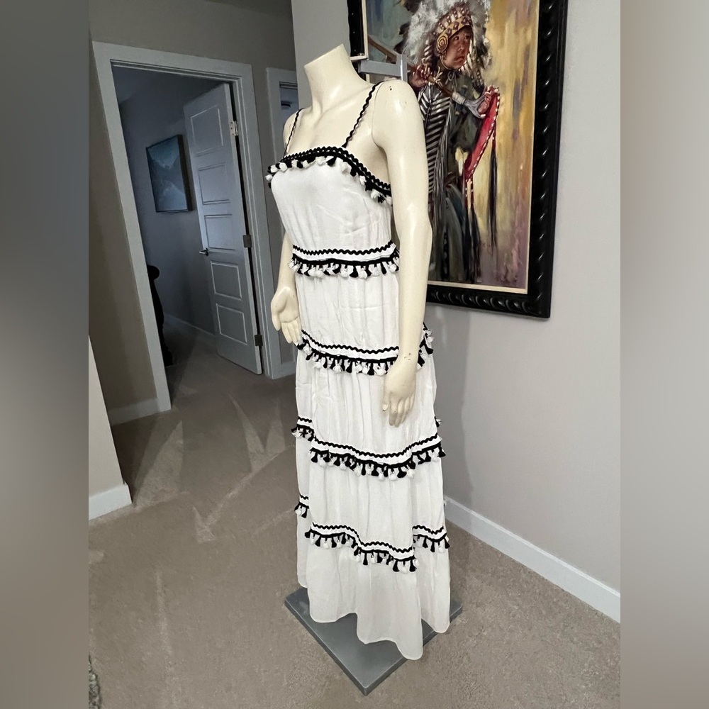 L’ATISTE Tiered White & Black Maxi Dress – Tassel Trim | Size XS - Picture 9 of 13